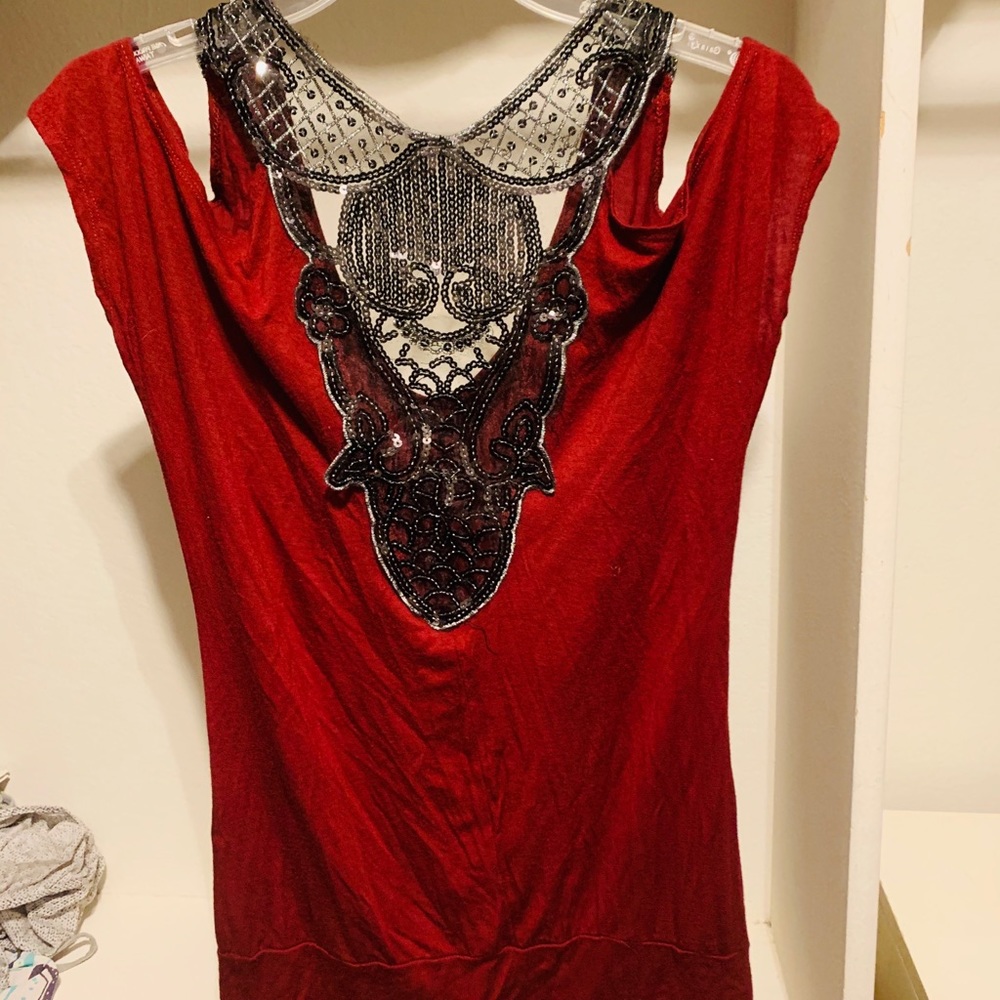 Shirt - black lace and sequins on front, Large